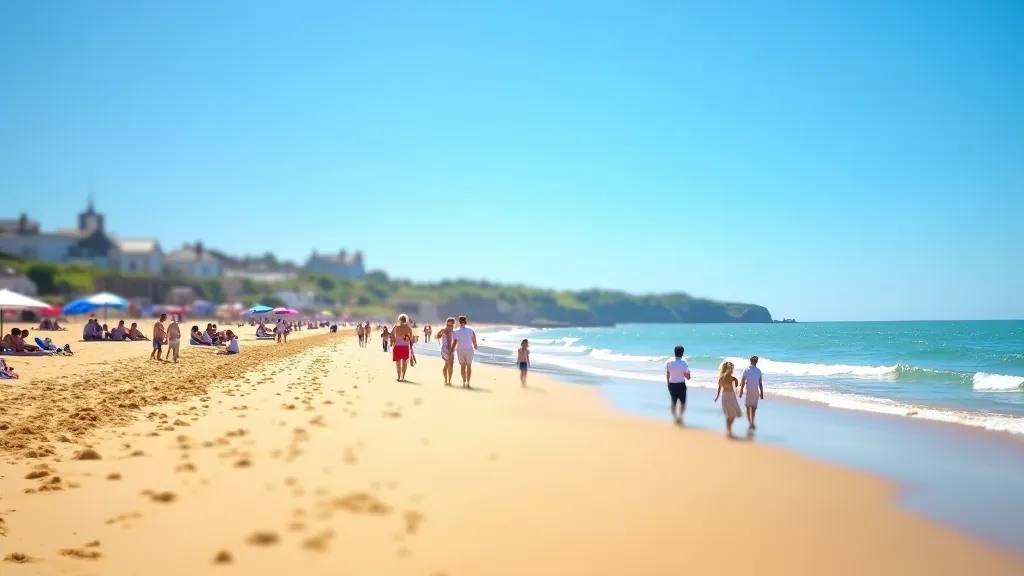 Tourists enjoying a sunny summer day on Lahinch Beach with golden sand, clear blue sky, and gentle waves