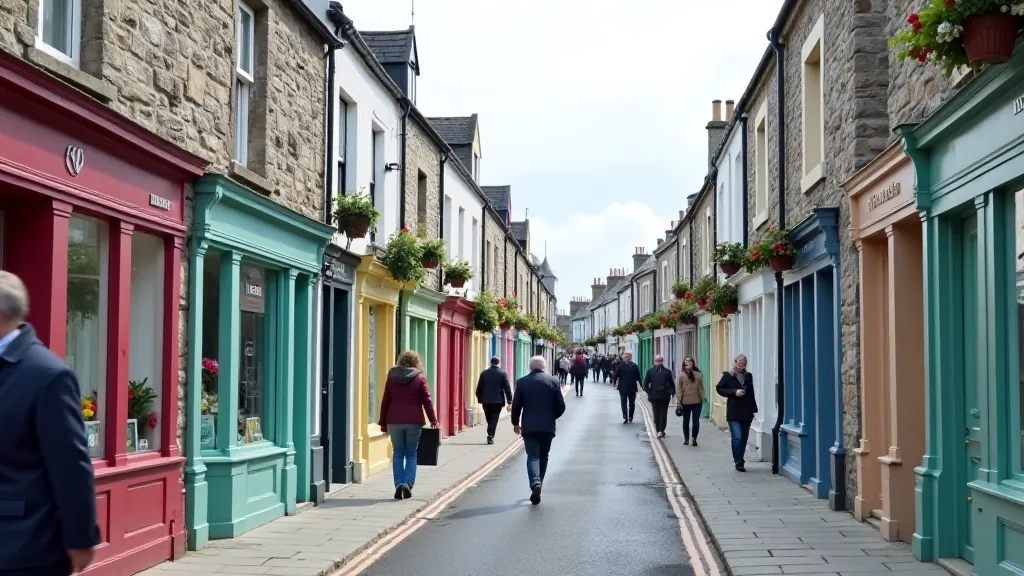 Charming Irish village street with traditional stone buildings, colorful shop fronts, and locals walking
