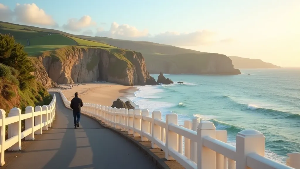 Scenic coastal promenade with turquoise waters and sandy beach overlooking Clare coastline