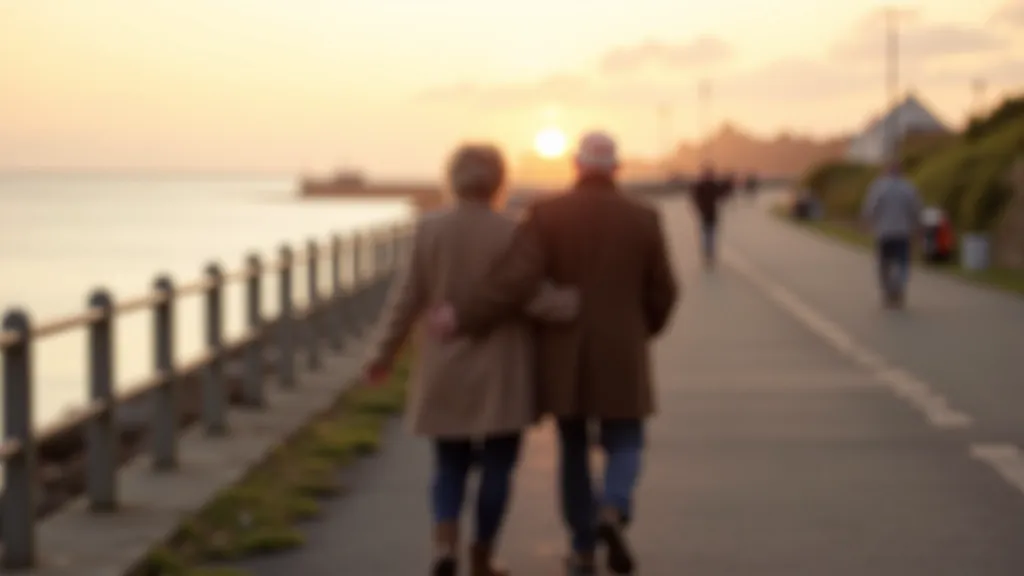 Mature couple walking along scenic coastal promenade with stone railings and ocean views