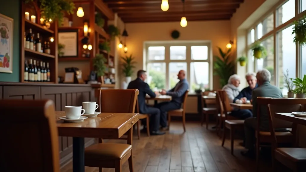 Cozy Irish cafe interior with warm lighting, comfortable seating, and locals enjoying tea and conversation