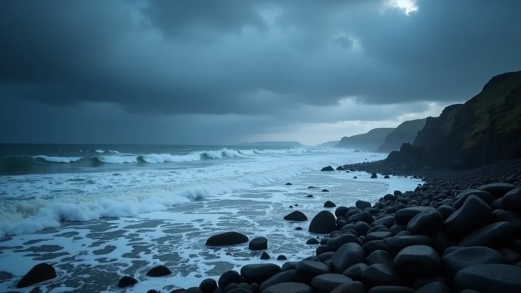 Winter coastal scene with rough grey seas, dramatic storm clouds, waves crashing against dark rocks, moody Irish weather