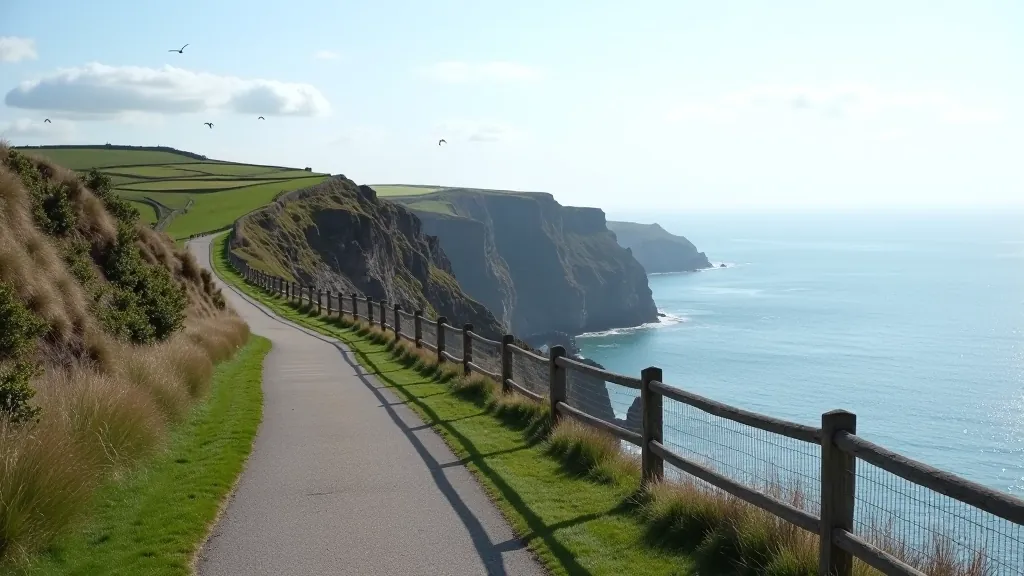 Elevated coastal cliff path with ocean views, walking trail with safety fence, green grass beside path, seabirds visible