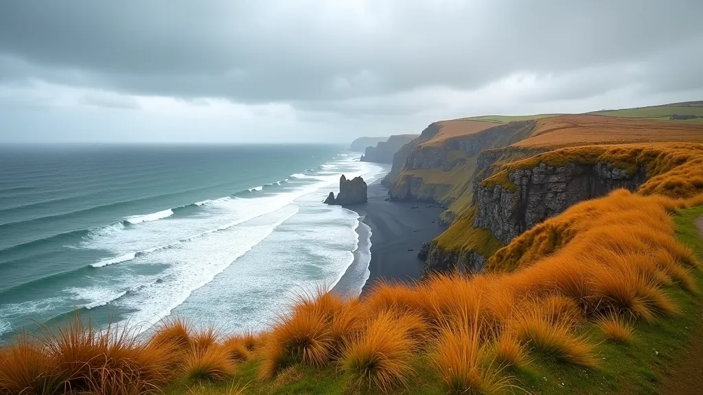 Golden autumn light over Irish coastal cliffs with orange and amber grass, moody grey clouds, and rough Atlantic Ocean