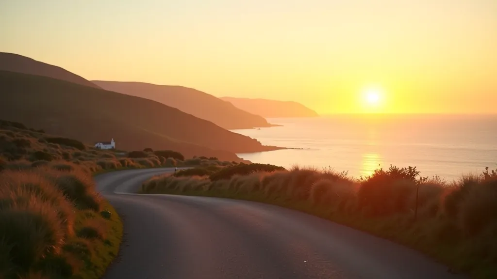 Golden hour sunlight on coastal landscape, warm evening light illuminating bay and cliffs