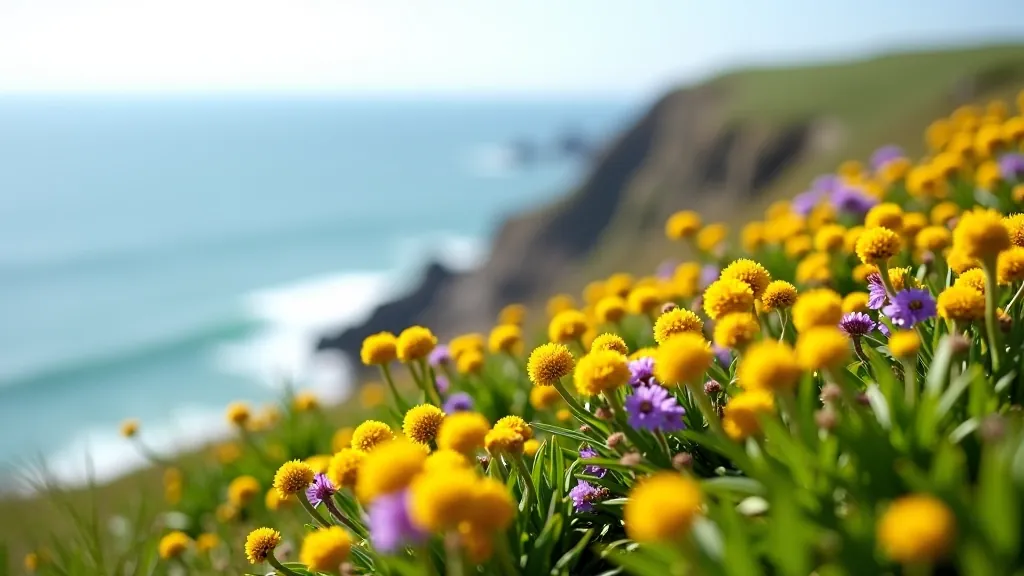 Spring wildflowers blooming on Irish coastal cliffs with emerald green grass and Atlantic waves below