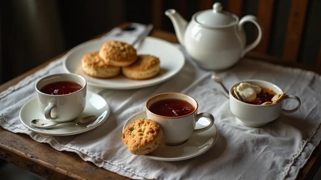 Overhead view of Irish tea service with teapot, cups, scones, and jam on traditional linen tablecloth
