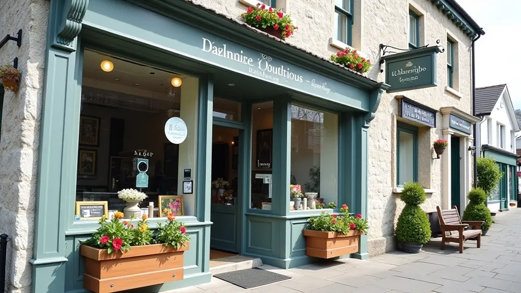 Charming local boutique storefront in Irish village with vintage shop sign, flowering window boxes, and welcoming entrance
