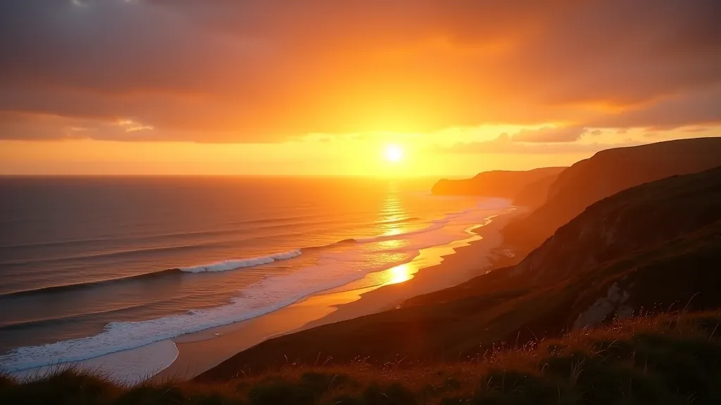 Sunset over Atlantic Ocean from coastal viewpoint, golden and orange sky reflecting on water