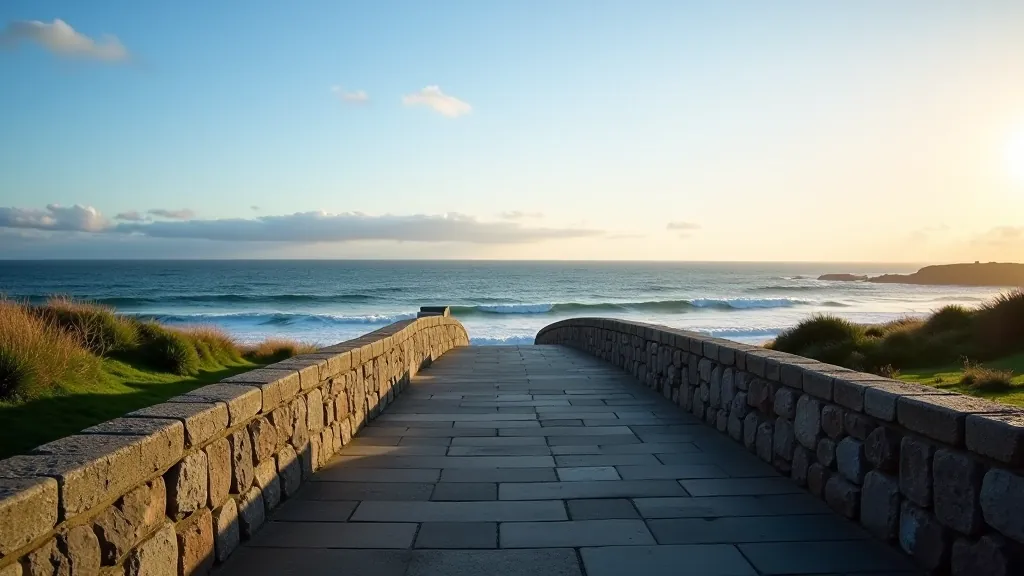 Coastal promenade with stone railings, paved pathway, and Atlantic Ocean waves, golden afternoon light