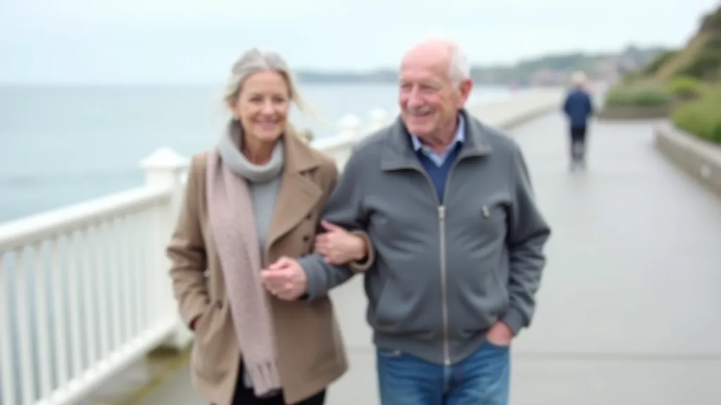 Mature couple walking along coastal pathway with sea breeze and white railings