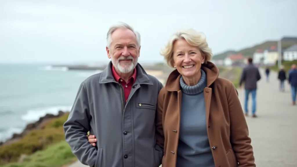 Retired couple walking together on beach promenade with sea breeze, wearing comfortable casual clothing