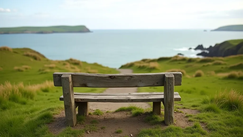 Wooden bench on coastal path overlooking bay, green landscape, peaceful resting spot