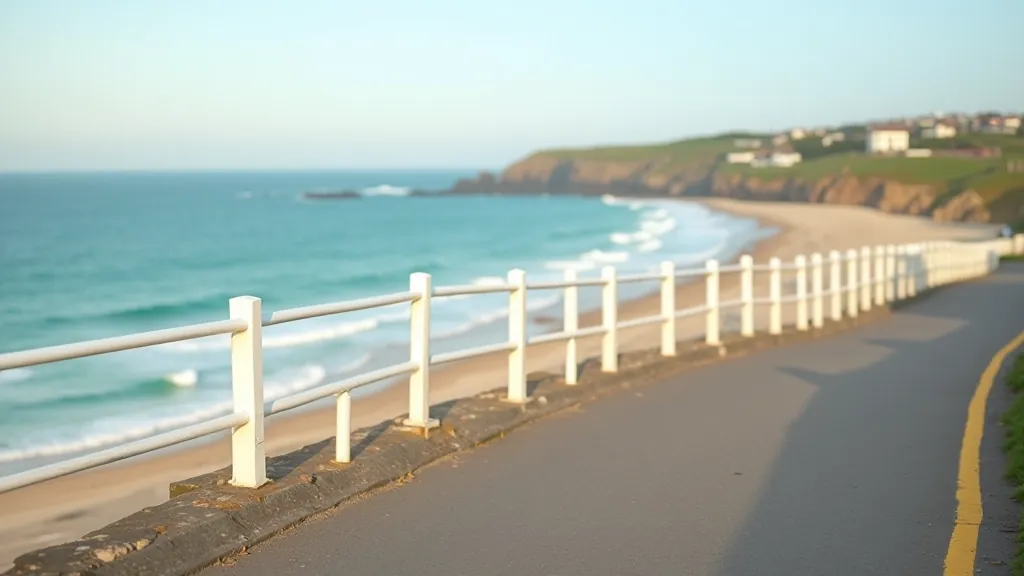 Scenic coastal pathway with white railings overlooking turquoise water and sandy beach at sunset