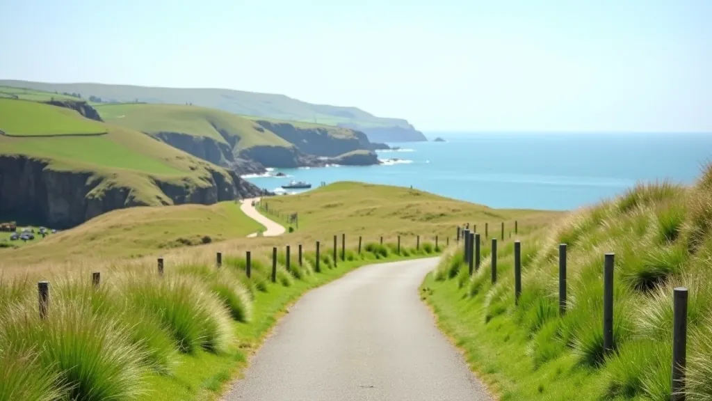 Coastal path with clear walking trail, rolling green hills and Atlantic Ocean in distance, good weather with blue sky