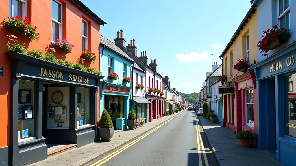Colorful local shops and cafes along Lahinch village street with flowering baskets and coastal charm