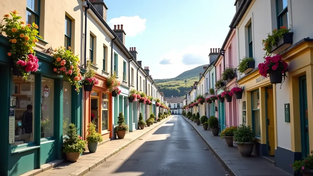 Traditional Irish village street with colorful storefronts and flower baskets in Lahinch